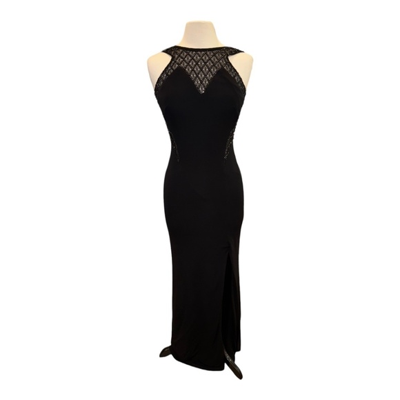 WMNS Basix Black Label Black Evening Gown with Beaded Neckline - Picture 2 of 9